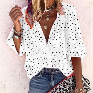New, never worn White, button up blouse with black polka dots.